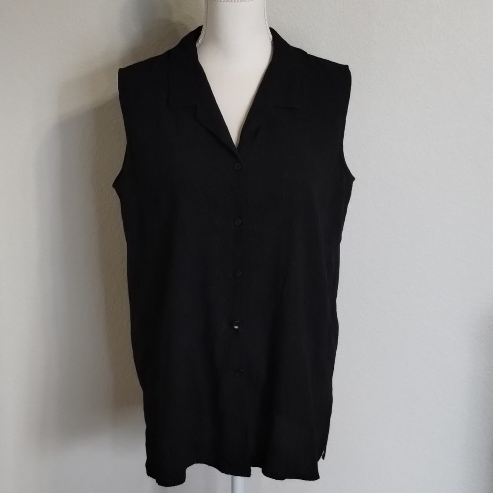 Kathie Lee Collection Black Sleeveless Embroidered Button down Top Size Large